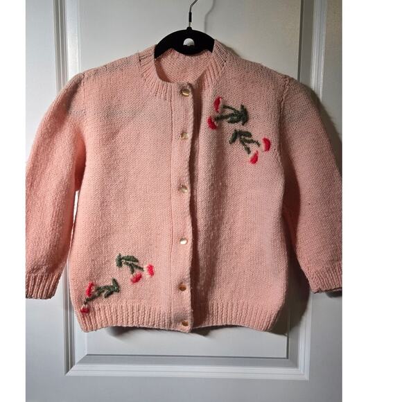 Handmade Sweaters - Vintage Cardigan Womens S Pink Floral Embroidery Handmade